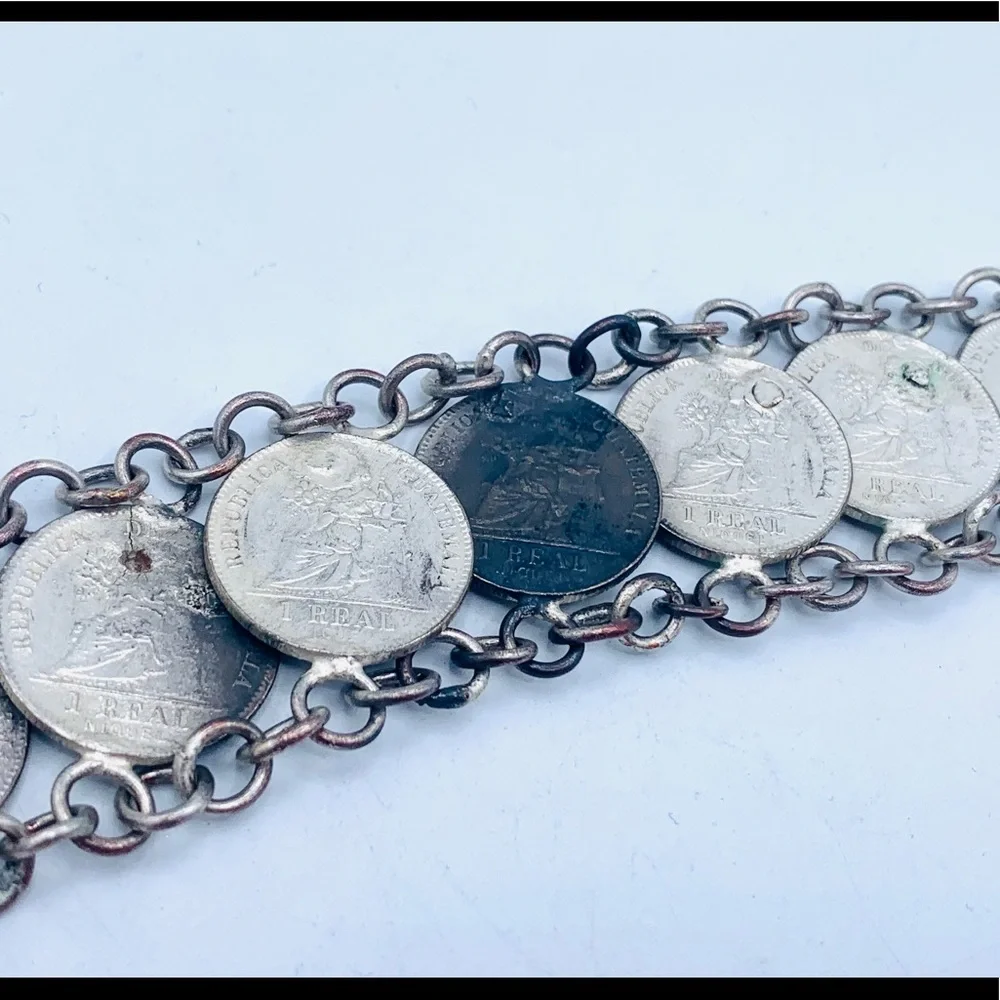 Vintage coin belt Guatemala 1900 - 1912 Real copper nickel 50 coins 37”